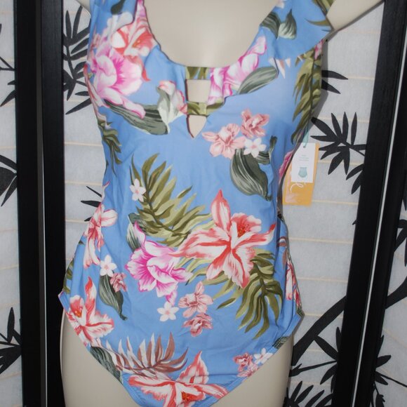 Kona Sol - Ruffle Neck One Piece Floral Bathing Suit - Size L 12-14 NWT - Picture 4 of 12